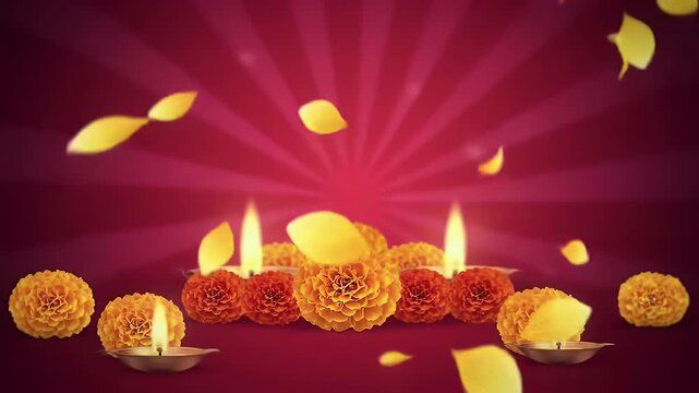 Bathukamma, Spiritual Bathukamma celebration background, vibrant floral arrangements glowing with light, soft marigold petals floating in air