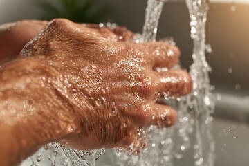 Fototapeta premium Close-Up of Hands Under Running Water in a Kitchen Sink