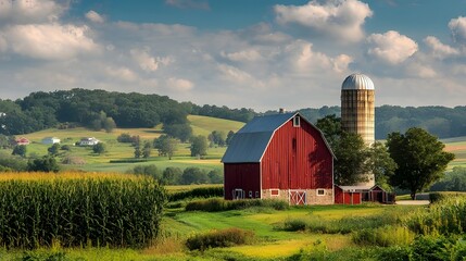 Obraz premium Farm with Red Barn and Silo Surrounded by Lush Farmland