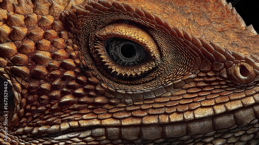 Poster close-up view of a lizard's eye and head, showcasing intricate patterns and textures of the skin.