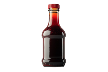 Bottle of dark liquid, isolated on a white background.