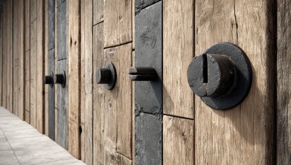 Close-up of weathered wooden wall with dark metal hardware
