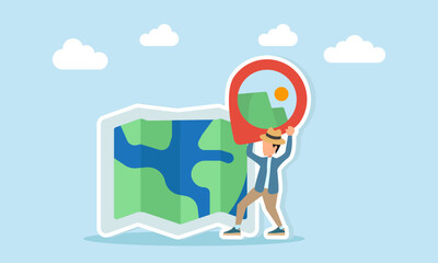 Young man wearing hat lifting location pin to place on map illustration for World Tourism Day celebration