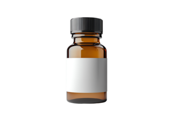 Amber glass bottle with a blank label for customizable design, isolated on a white background.