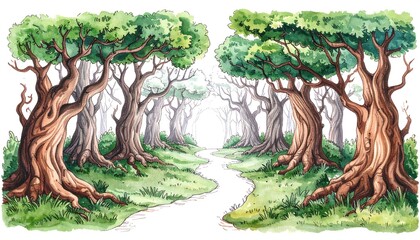 Watercolor painting of a forest path with lush trees and vibrant colors.