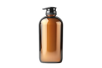 Amber bottle with a black pump cap, isolated on a white background, ideal for cosmetic or personal care product packaging.