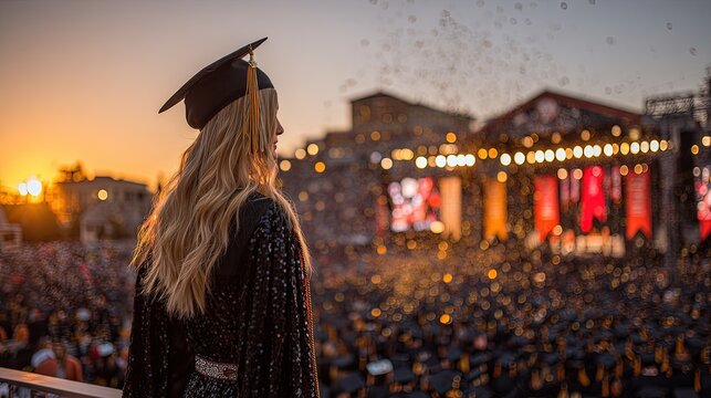 Woman In Graduation Cap At Sunset Graduation Ceremony
