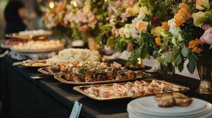 Elegant buffet table with food and flowers, catering event