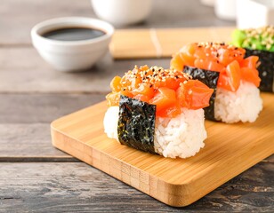 Fresh sushi trio on a wooden board