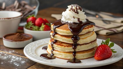 Delicious pancakes stacked high with chocolate sauce and whipped cream, garnished with fresh strawberries on a rustic wooden table