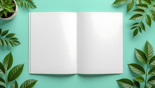 Open Book surrounded by plant: An open book lies on a pastel surface surrounded by vibrant green leaves. This setting highlights simplicity and tranquility.