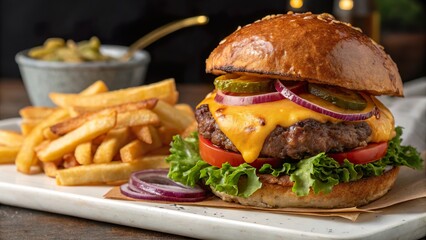 Gourmet cheeseburger featuring a juicy beef patty melt with fresh toppings and crispy fries served in a cozy setting