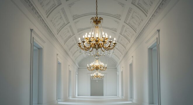 輝くシャンデリア煌めく白亜の廊下 優雅な空間 上品な光. AI Generated