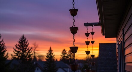 夕焼け空 美しいシルエット 雨樋 穏やか 静かな夜明け. AI Generated