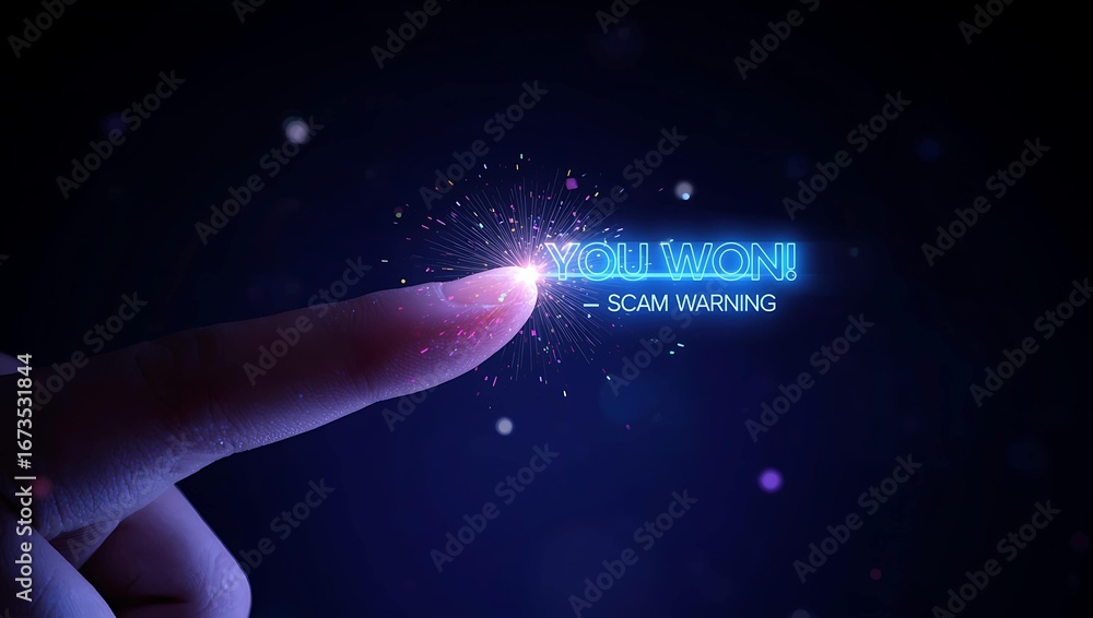 Poster a close-up of a finger touching a glowing message that reads 'you won! – scam warning', set against 