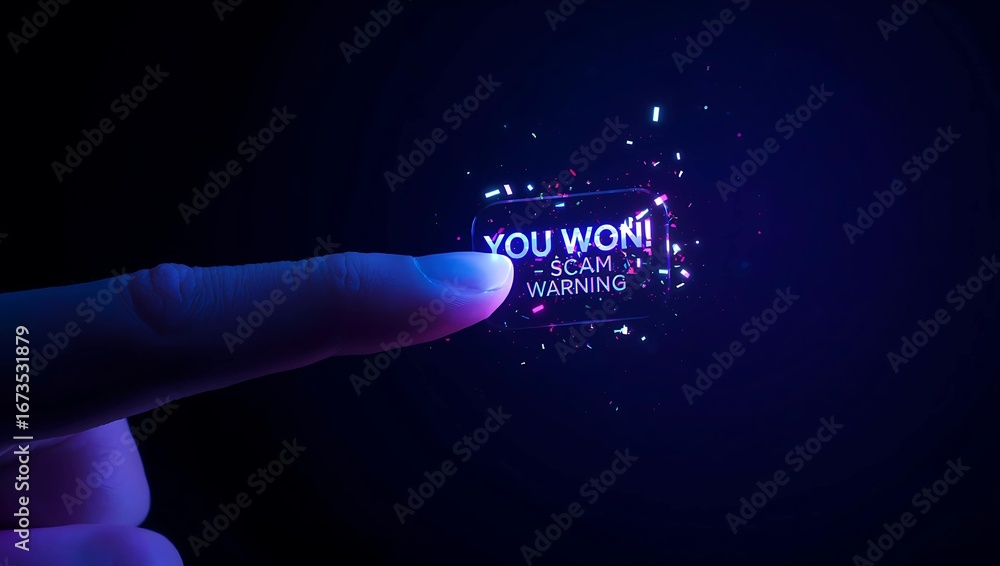 Poster a finger points at a glowing holographic message that warns of a scam, filled with sparkling digital