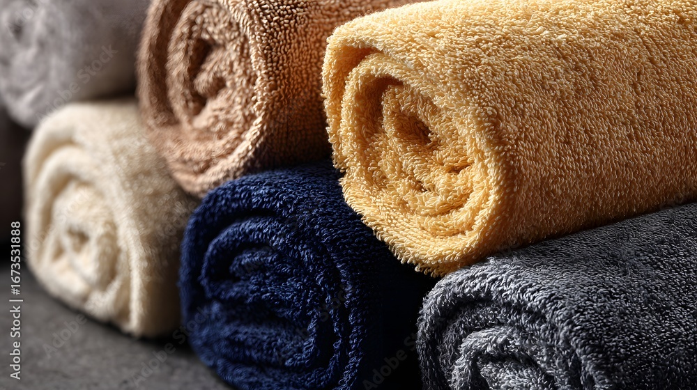 Poster rolled towels in various colors, stacked neatly, creating a spa-like ambiance.