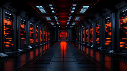Futuristic red-lit datacenter corridor with glowing server racks, Modern high-tech computing infrastructure