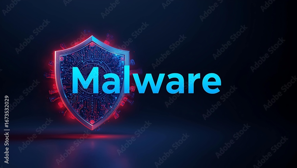Poster a 3d rendered shield icon representing cybersecurity, highlighted in blue and red with 'malware' pro