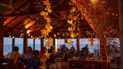 Obraz premium Cozy seaside restaurant with warm lighting and floral decorations