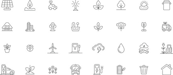 Eco System Line Icon Set Design With Editable Stroke Vector Illustration - Solar, Tree, Water, Plant And Many More Icons.