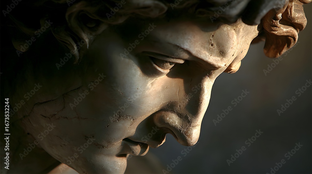 Poster close-up view of a weathered stone sculpture, highlighting the intricate details of a face in profil