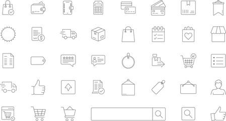 E-Commerce Line Icon Set Design With Editable Stroke Vector Illustration - Delivery Truck, Card, Thumbs Up, Bag, Review And Many More Icons.