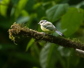 Blue tit on mossy branch in green forest
