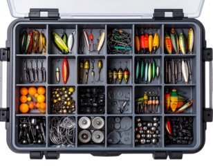  Open Fishing Tackle Box with Assorted Lures and Hooks, Top-Down View, isolated on a Clear PNG or White Background