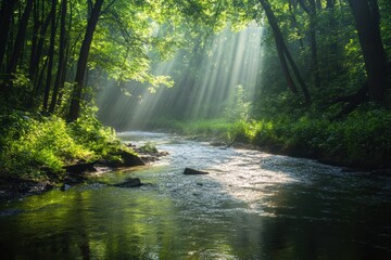 Obraz premium Forest stream with sunlight beams