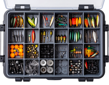  Open Fishing Tackle Box with Assorted Lures and Hooks, Top-Down View, isolated on a Clear PNG or White Background