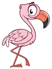 Cartoon pink flamingo with a large eye and eyebrow, curved orange‑and‑black beak, stylized feathers, standing on one leg with the other bent.
