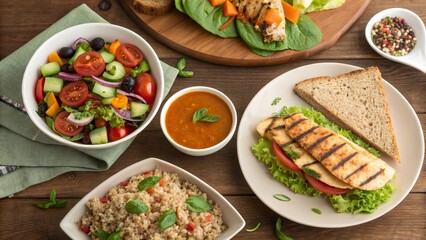 Delicious lunch ideas featuring healthy salads, grilled chicken, and colorful vegetables for a balanced meal