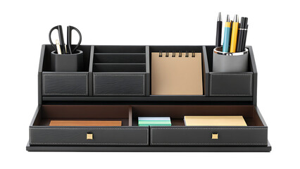 A desk organizer with compartments and pen slots