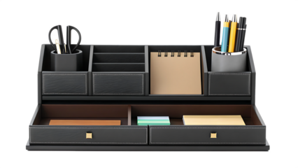 A desk organizer with compartments and pen slots