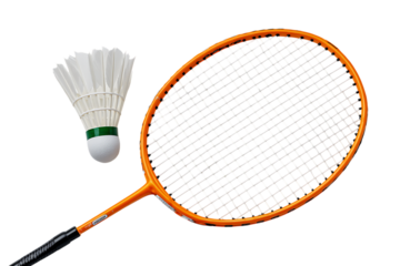 Orange badminton racket and shuttlecock on black background.