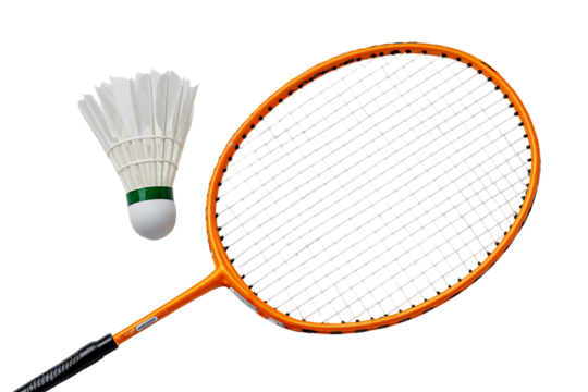 Orange badminton racket and shuttlecock on black background.