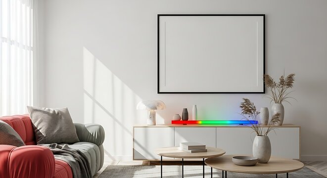 Contemporary Living Room With Red Sofa And Neon Light Bar On Cabinet couch furniture - Powered by Adobe