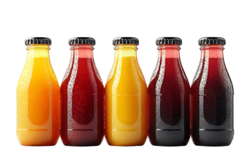 Colorful assorted juice bottles in a row, showcasing vibrant hues and varying flavors against a white background.
