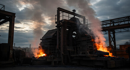 Molten Metal Glowing Intensely in Dark Heavy Industrial Factory