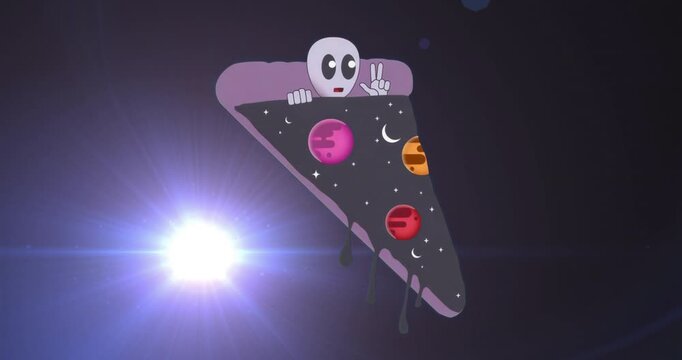 Lens flare emerging from left edge causing rotating purple triangle with head showing peace sign