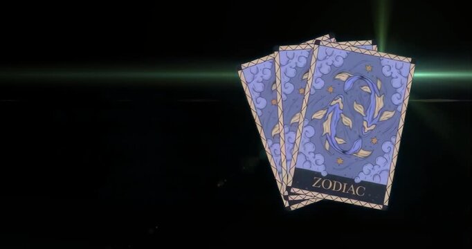 Tilting 3 zodiac cards rotating in void while green flare sweeping across cards to highlight faces