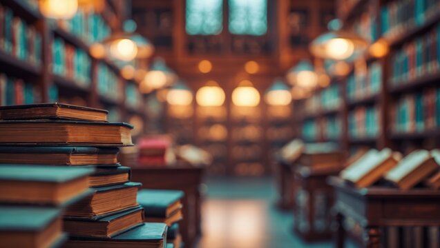 Rows of books in a library with warm lighting and blurred background. Knowledge and education concept. Reading and research. The ambiance of learning environments