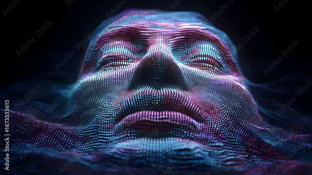 Poster a digital rendering of a face formed by vibrant, glowing points, showcasing a dynamic, abstract repr