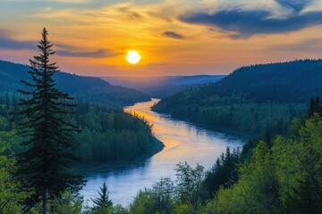 Sunset reflection on river valley
