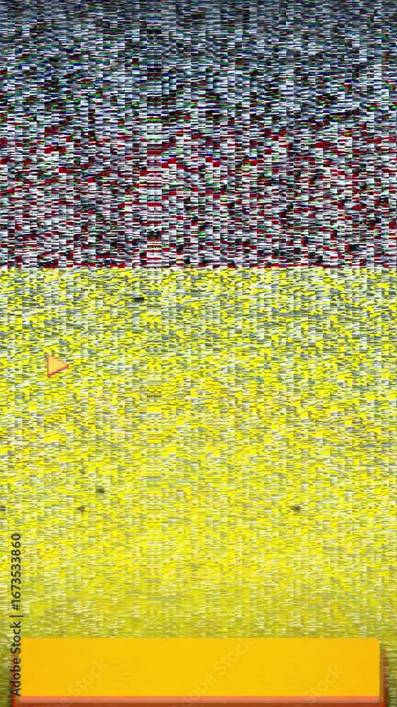 Poster glitchy abstract red and yellow digital noise with play button and orange bar