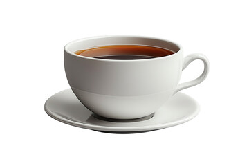 A white coffee cup filled with dark coffee, placed on a matching saucer, isolated on a white background.