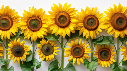 Obraz premium Row of vibrant sunflowers, arranged in a horizontal line on a white background, showcasing detailed petals, centers, and leaves.