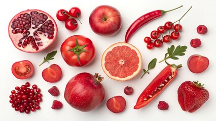 Red fruit and vegetable mix showcasing pomegranates, tomatoes, strawberries, and more arranged beautifully on a white background