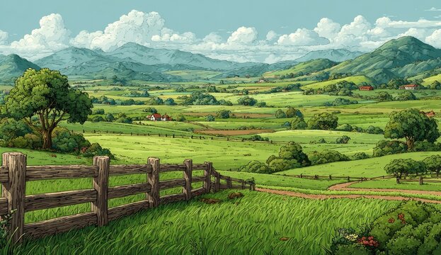 Rustic valley landscape, vibrant green fields